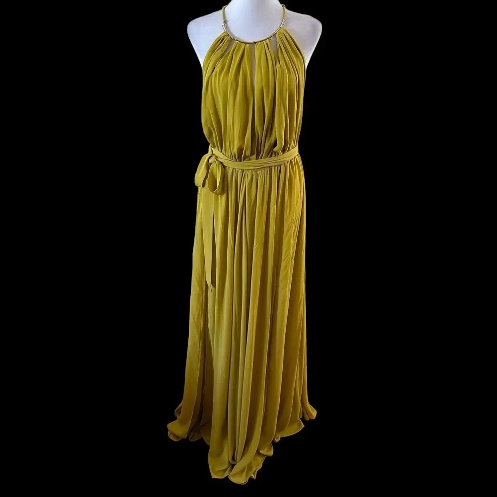 CqbyCq Flowy Deep V-Neck Maxi Dress With Tie Yellow Size Large - Picture 2 of 9